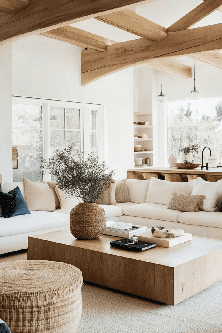 Open Coastal Living Room with Rustic Wood Beams