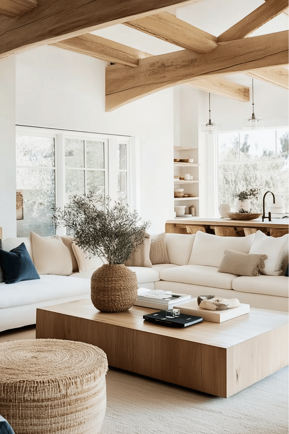 Open Coastal Living Room with Rustic Wood Beams
